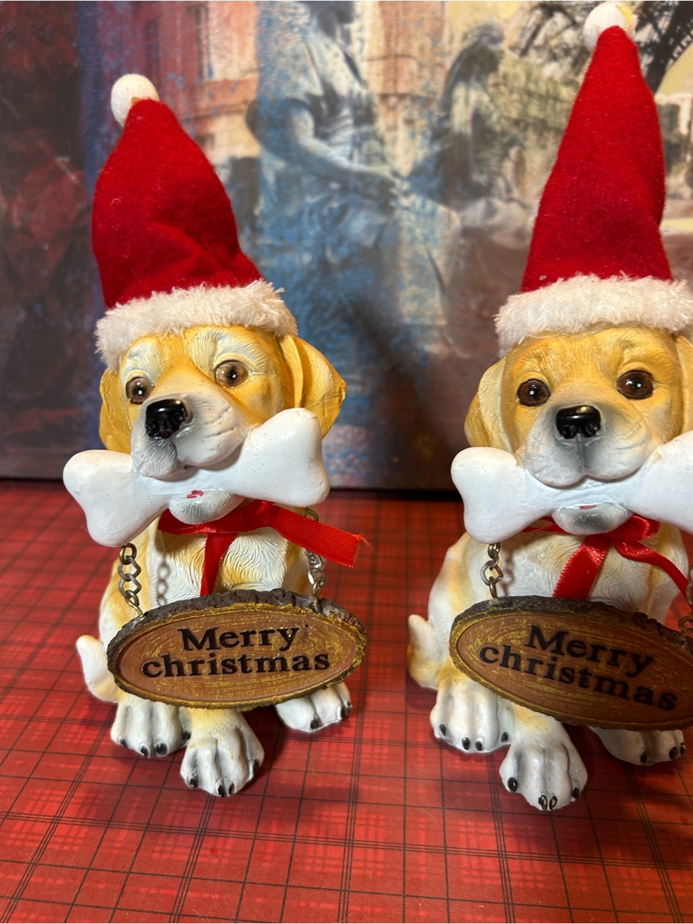 SANTA DOG WITH WELCOME SIGN FIGURINE x 2